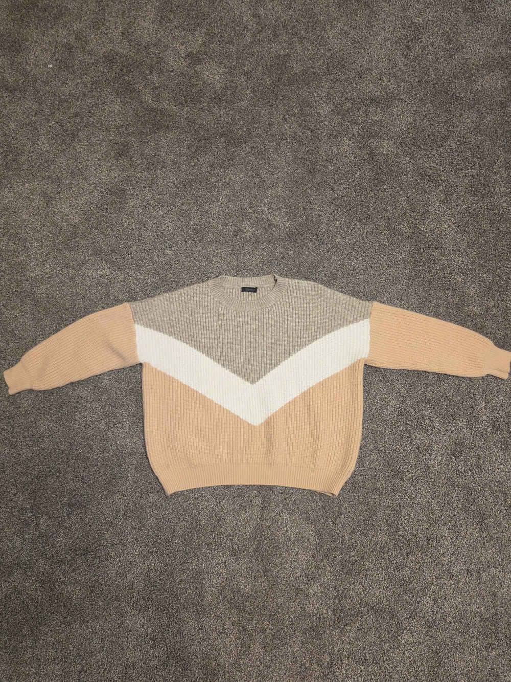 SHEIN Colorblock Chevron Ribbed Sweater in Beige, Cream, Tan